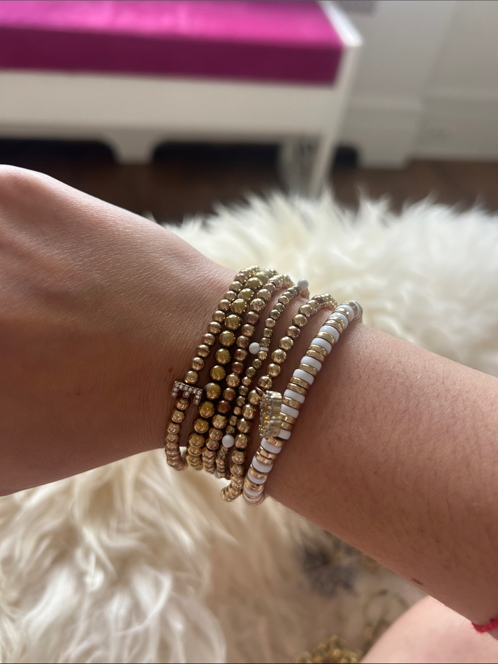 Gold and White Beaded Stackable Bracelet Set